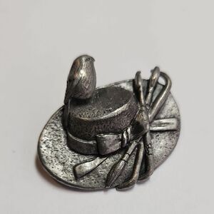 Marjolein Bastin Brooch Pewter Hat, Bird & Paint Brushes Vintage Pin